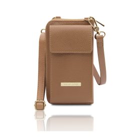 イタリア製シボ型押しレザーのスマホが入るお財布ショルダーバッグTL BAG、キャラメル