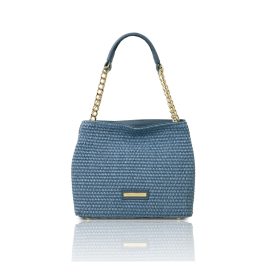 イタリア製ストロー風＆シボ型押しレザー2WAY巾着かごバッグ TL BAG、ライトブルー