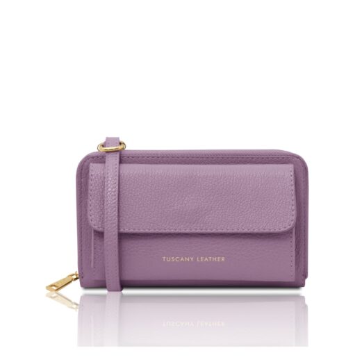 イタリア製URANIA シボ型押しレザーのスマホが入るお財布ショルダーバッグ、ライラック