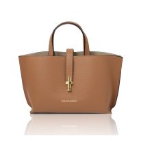 イタリア製 AGATHA シボ型押しレザー2WAYハンドバッグ、キャラメル