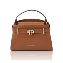 イタリア製MAISY スムースボックスレザー2WAYハンドバッグ、コニャック