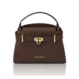 イタリア製MAISY スムースボックスレザー2WAYハンドバッグ、コーヒー