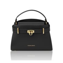 イタリア製MAISY スムースボックスレザー2WAYハンドバッグ、ブラック