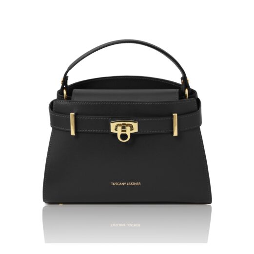 イタリア製MAISY スムースボックスレザー2WAYハンドバッグ、ブラック