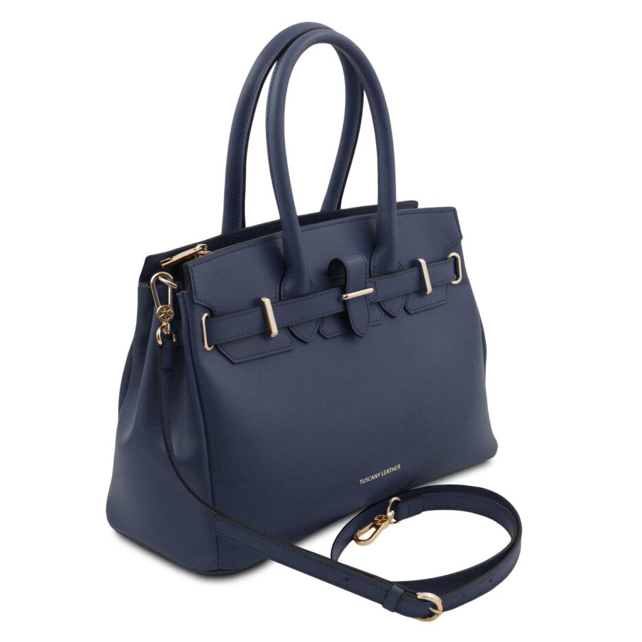 イタリア製 スムースボックスレザーのエレガントな2WAYハンドバッグTL BAG、ダークブルー