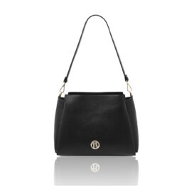 イタリア製シボ型押しレザー長短2本ストラップ2WAYバッグ ABBY、ブラック