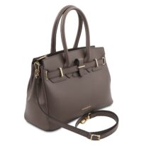 イタリア製 スムースボックスレザーのエレガントな2WAYハンドバッグTL BAG、ダークトープ
