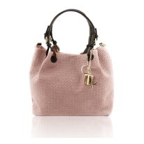 イタリア製イントレチャート編み込み風スウェードの2WAYトートバッグ TL KeyLuck、ダークブルー、詳細2ャート編み込み風スウェードの2WAYトートバッグ TL KeyLuck、ピンクベージュ