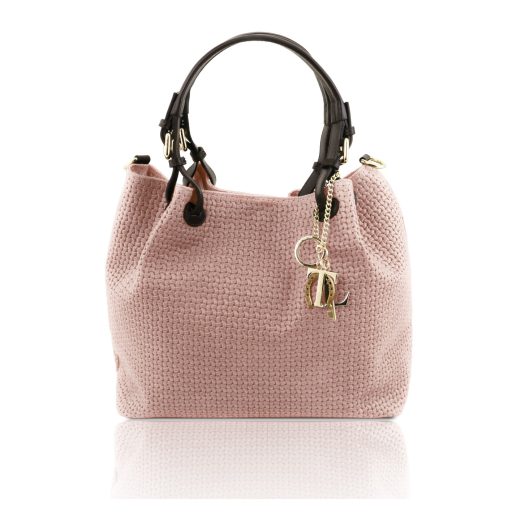 イタリア製イントレチャート編み込み風スウェードの2WAYトートバッグ TL KeyLuck、ダークブルー、詳細2ャート編み込み風スウェードの2WAYトートバッグ TL KeyLuck、ピンクベージュ