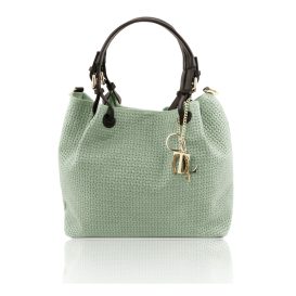 イタリア製イントレチャート編み込み風スウェードの2WAYトートバッグ TL KeyLuck、ダークブルー、詳細2ャート編み込み風スウェードの2WAYトートバッグ TL KeyLuck、ミントグリーン