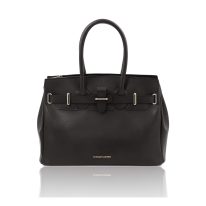 イタリア製 スムースボックスレザーのエレガントな2WAYハンドバッグTL BAG、ブラック