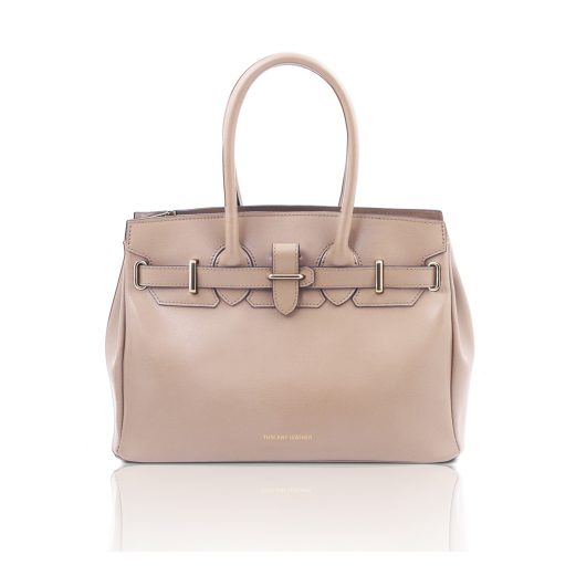 イタリア製スムースボックスレザーのエレガントな2WAYハンドバッグTL BAG、ベージュ