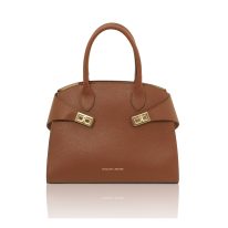 イタリア製COCCOLA シボ型押しレザー2WAYハンドバッグ、コニャック