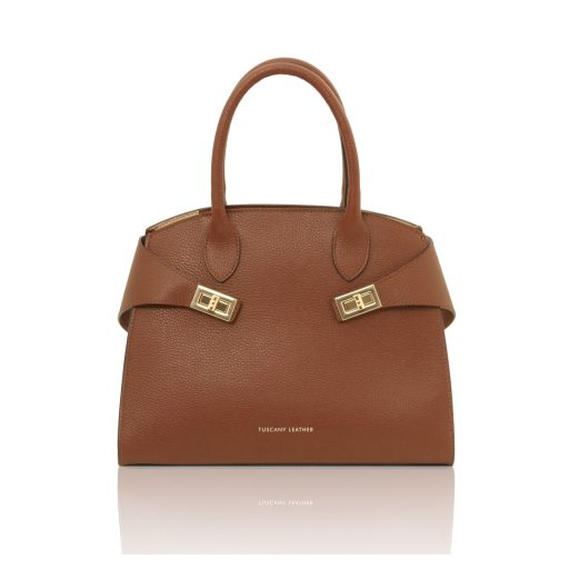 イタリア製COCCOLA シボ型押しレザー2WAYハンドバッグ、コニャック