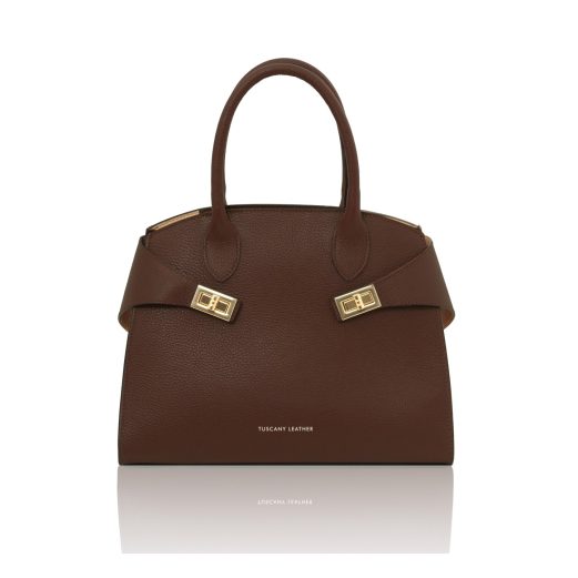 イタリア製COCCOLA シボ型押しレザー2WAYハンドバッグ、コーヒー