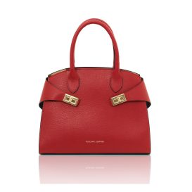 イタリア製COCCOLA シボ型押しレザー2WAYハンドバッグ、ルージュ