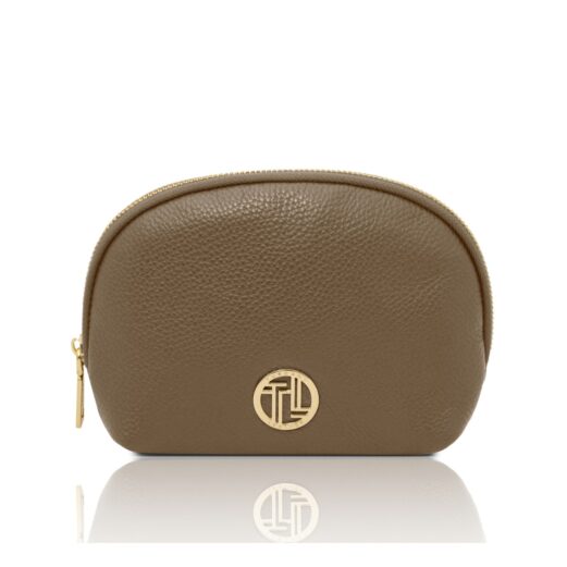 イタリア製シボ型押しレザーのポーチVERA、ダークトープ