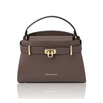 タリア製MAISY スムースボックスレザー2WAYハンドバッグ、ダークトープ