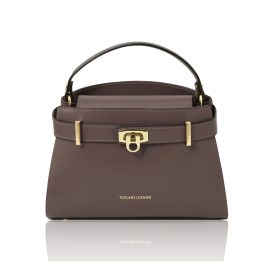 タリア製MAISY スムースボックスレザー2WAYハンドバッグ、ダークトープ