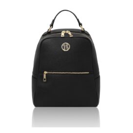 イタリア製PRISMA シボ型押しレザーフロントポケットリュック、ブラック