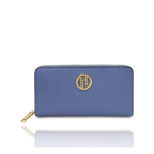イタリア製シボ型押しレザーのラウンドジップ長財布 FINANCIER、ブルー