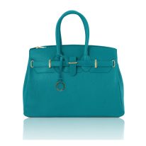 イタリア製シボ型押しレザーのエレガントなハンドバッグTL BAG、ターコイズ