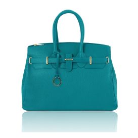 イタリア製シボ型押しレザーのエレガントなハンドバッグTL BAG、ターコイズ