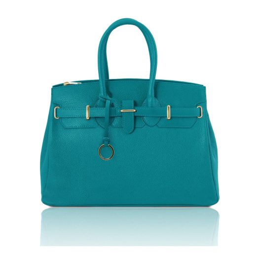 イタリア製シボ型押しレザーのエレガントなハンドバッグTL BAG、ターコイズ