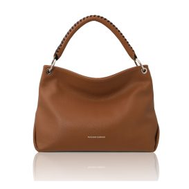 イタリア製シボ型押しレザーのワンハンドル2WAYショルダーバッグ TL BAG、コニャック