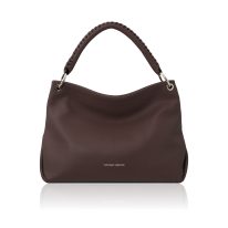 イタリア製シボ型押しレザーのワンハンドル2WAYショルダーバッグ TL BAG、チョコレート