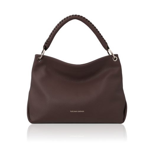 イタリア製シボ型押しレザーのワンハンドル2WAYショルダーバッグ TL BAG、チョコレート