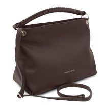 イタリア製シボ型押しレザーのワンハンドル2WAYショルダーバッグ TL BAG、チョコレート