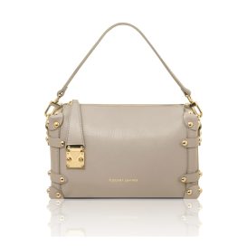 イタリア製PRALINE シボ型押しレザー2WAYハンドバッグ、ライトトープ