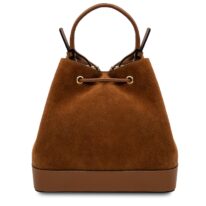 イタリア製スエード＆シボ型押しレザー2WAY巾着バッグ MINERVA、コニャック