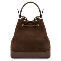 イタリア製スエード＆シボ型押しレザー2WAY巾着バッグ MINERVA、コーヒー