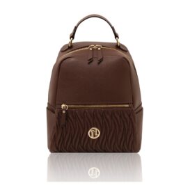 イタリア製CHANTILLY シボ型押しレザーフロントポケットリュック、コーヒー