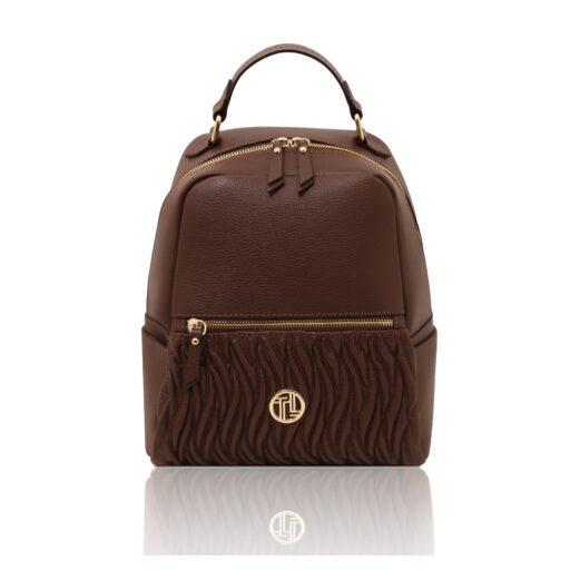 イタリア製CHANTILLY シボ型押しレザーフロントポケットリュック、コーヒー