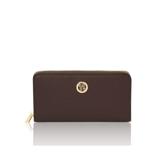 イタリア製大粒シボ型押しレザーのラウンドジップ長財布 FINANCIER、ダークブラウン