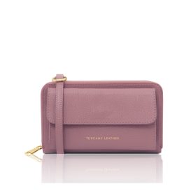 イタリア製URANIA シボ型押しレザーのスマホが入るお財布ショルダーバッグ、ライラック