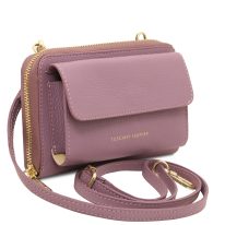 イタリア製URANIA シボ型押しレザーのスマホが入るお財布ショルダーバッグ、ライラック