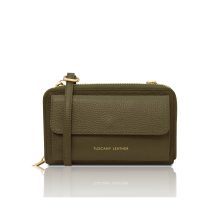 イタリア製URANIA シボ型押しレザーのスマホが入るお財布ショルダーバッグ、フォレストグリーン