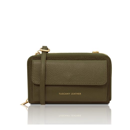 イタリア製URANIA シボ型押しレザーのスマホが入るお財布ショルダーバッグ、フォレストグリーン