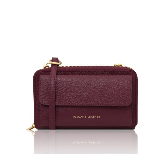 イタリア製URANIA シボ型押しレザーのスマホが入るお財布ショルダーバッグ、ボルドー