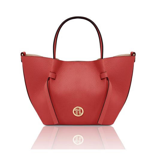 イタリア製LEGAME シボ型押しレザー2WAYトートバッグ-Sサイズ、コーラル