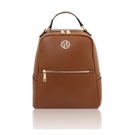 イタリア製PRISMA シボ型押しレザーフロントポケットリュック、コニャック