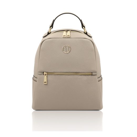 イタリア製PRISMA シボ型押しレザーフロントポケットリュック、ライトトープ