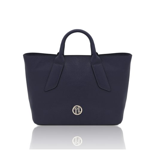 イタリア製VIVA シボ型押しレザー2WAYハンドバッグ、ダークブルー