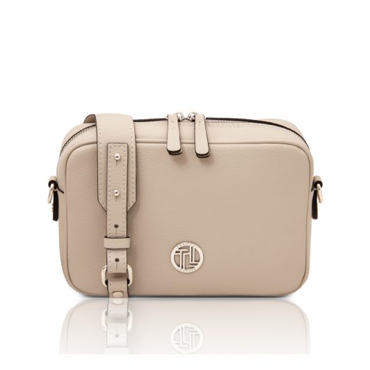 イタリア製シボ型押しレザーショルダーバッグ CUBETTO、ベージュ