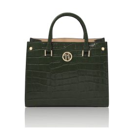 イタリア製CROQUE クロコ型押しレザー2WAYハンドバッグ、フォレストグリーン