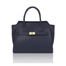 イタリア製ORIGAMI シボ型押しレザー2WAYハンドバッグ、ダークブルー